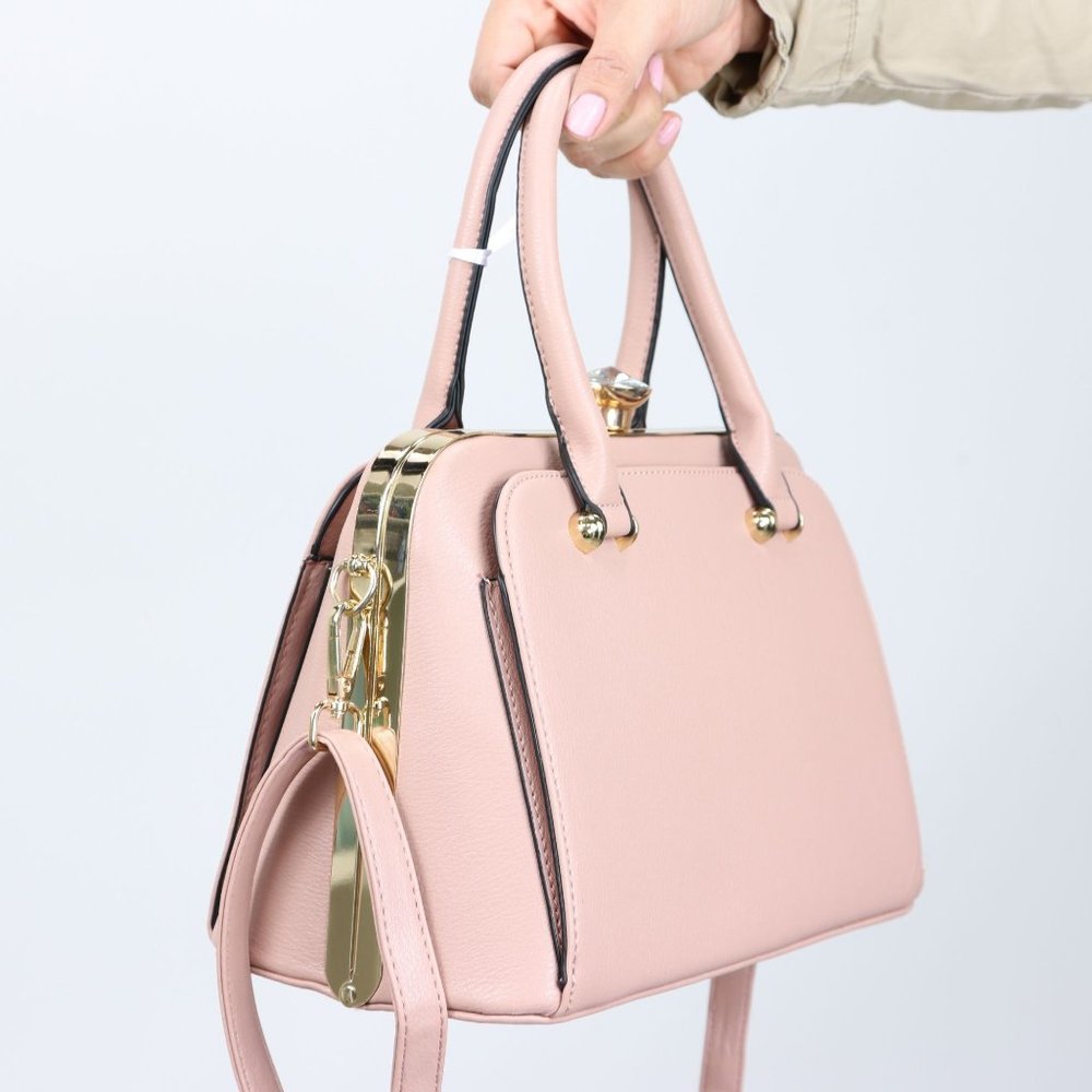 Pink Faux Leather Purse Diamond Snap Closure Doctor Satchel Tote Hand Bag - Picture 12 of 13